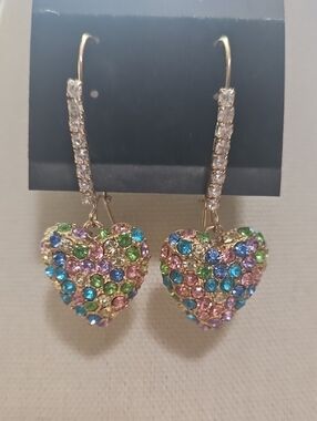 Betsey Johnson Gold-Tone Multicolor Crystal Heart Drop Earrings